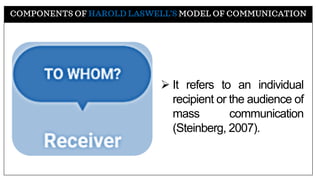 COMPONENTS OF HAROLD LASWELL’S MODEL OF COMMUNICATION
➢ It refers to an individual
recipient or the audience of
mass communication
(Steinberg, 2007).
 