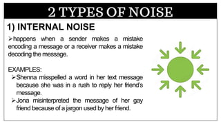 2 TYPES OF NOISE
➢happens when a sender makes a mistake
encoding a message or a receiver makes a mistake
decoding the message.
EXAMPLES:
➢Shenna misspelled a word in her text message
because she was in a rush to reply her friend’s
message.
➢Jona misinterpreted the message of her gay
friend because of a jargon used by her friend.
1) INTERNAL NOISE
 