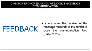 COMPONENTS OF SHANNON-WEAVER’S MODEL OF
COMMUNICATION
➢occurs when the receiver of the
message responds to the sender to
close the communication loop
(Drew, 2023).
 