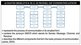 4) DAVID BERLO’S S-M-C-R MODEL OF COMMUNICATION
➢represents the process of communication in its simplest form.
➢contains the acronym SMCR which stands for Sender, Message, Channel, and
Receiver.
➢describes the different components that form the basic process of communication.
(Janse, 2024).
 