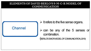 ELEMENTS OF DAVID BERLO’S S-M-C-R MODEL OF
COMMUNICATION
➢ Itreferstothefivesenseorgans.
➢ can be any of the 5 senses or
combination.
(BERLO’SSMCRMODELOFCOMMUNICATION,2019)
 