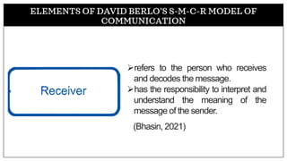 ELEMENTS OF DAVID BERLO’S S-M-C-R MODEL OF
COMMUNICATION
➢refers to the person who receives
and decodes the message.
➢has the responsibility to interpret and
understand the meaning of the
message of the sender.
(Bhasin, 2021)
 