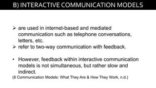 B) INTERACTIVE COMMUNICATION MODELS
➢ are used in internet-based and mediated
communication such as telephone conversations,
letters, etc.
➢ refer to two-way communication with feedback.
• However, feedback within interactive communication
models is not simultaneous, but rather slow and
indirect.
(8 Communication Models: What They Are & How They Work, n.d.)
 