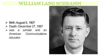 WILLIAM LANG SCHRAMM
➢ Birth:August 5, 1907
➢ Death: December 27, 1987
➢ was a scholar and an
American Communications
educator.
 