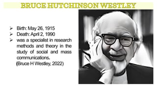➢ Birth: May 26, 1915
➢ Death:April 2, 1990
➢ was a specialist in research
methods and theory in the
study of social and mass
communications.
(Bruce H Westley, 2022)
 