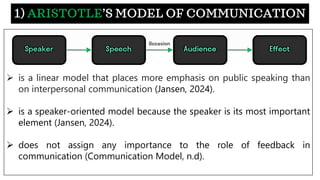 ➢ is a linear model that places more emphasis on public speaking than
on interpersonal communication (Jansen, 2024).
➢ is a speaker-oriented model because the speaker is its most important
element (Jansen, 2024).
➢ does not assign any importance to the role of feedback in
communication (Communication Model, n.d).
1) ARISTOTLE’S MODEL OF COMMUNICATION
 