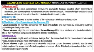 MODEL OF COMMUNICATION
5)Gatekeeper(C)
• An editor at the news organization reviews the journalist’s footage, decides which segments to
broadcast, and selects quotes from theinterviews for thenews report.The editor mightchoose tofocus
onhumanintereststoriesratherthantechnicaldetailsoftheearthquake.
6)Receiver(B)
• Theaudience(viewersathome,readersofthenewspaper)receivesthefilteredstory.
7)TheObjectoftheOrientationoftheReceiver(X³)
•Local residents (B) might be concerned with their own safety, and may react by evacuating buildings
orcheckingonfamilymembers.
•Distant viewers might be concerned about the well-being of friends or relatives who live in the affected
city,ortheymightfeelcompelledtodonatetodisasterreliefefforts.
8)Feedback(F)
•Local residents might send updates or footage from the scene back to the news channel via social
media,helpingtoprovidemoreinformationtothejournalist.
•Distant viewers might post comments on social media or contact the news station to ask for more
details,suchastheareasmostaffectedorupdatesonrescueefforts.Thisfeedbackcantheninfluencethe
journalist’ssubsequentreports
 