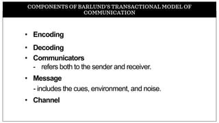 COMPONENTS OF BARLUND’S TRANSACTIONAL MODEL OF
COMMUNICATION
• Encoding
• Decoding
• Communicators
- refers both to the sender and receiver.
• Message
- includes the cues, environment, and noise.
• Channel
 