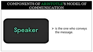 COMPONENTS OF ARISTOTLE’S MODEL OF
COMMUNICATION
➢ is the one who conveys
the message.
 