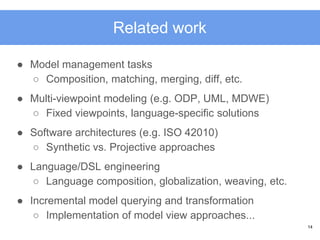 ● Model management tasks
○ Composition, matching, merging, diff, etc.
● Multi-viewpoint modeling (e.g. ODP, UML, MDWE)
○ F...