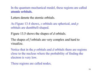 In the quantum mechanical model, these regions are called  atomic orbitals. Letters denote the atomic orbitals.  As Figure 13.4 shows,  s  orbitals are spherical, and  p  orbitals are dumbbell-shaped. Figure 13.5 shows the shapes of  d  orbitals.  The shapes of  f  orbitals are very complex and hard to visualize.  Notice that in the  p  orbitals and  d  orbitals there are regions close to the nucleus where the probability of finding the electron is very low. These regions are called nodes .  