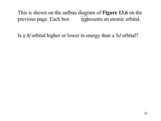 Is a 4 f  orbital higher or lower in energy than a 5 d  orbital? This is shown on the aufbau diagram of  Figure 13.6  on the previous page. Each box  represents an atomic orbital. 