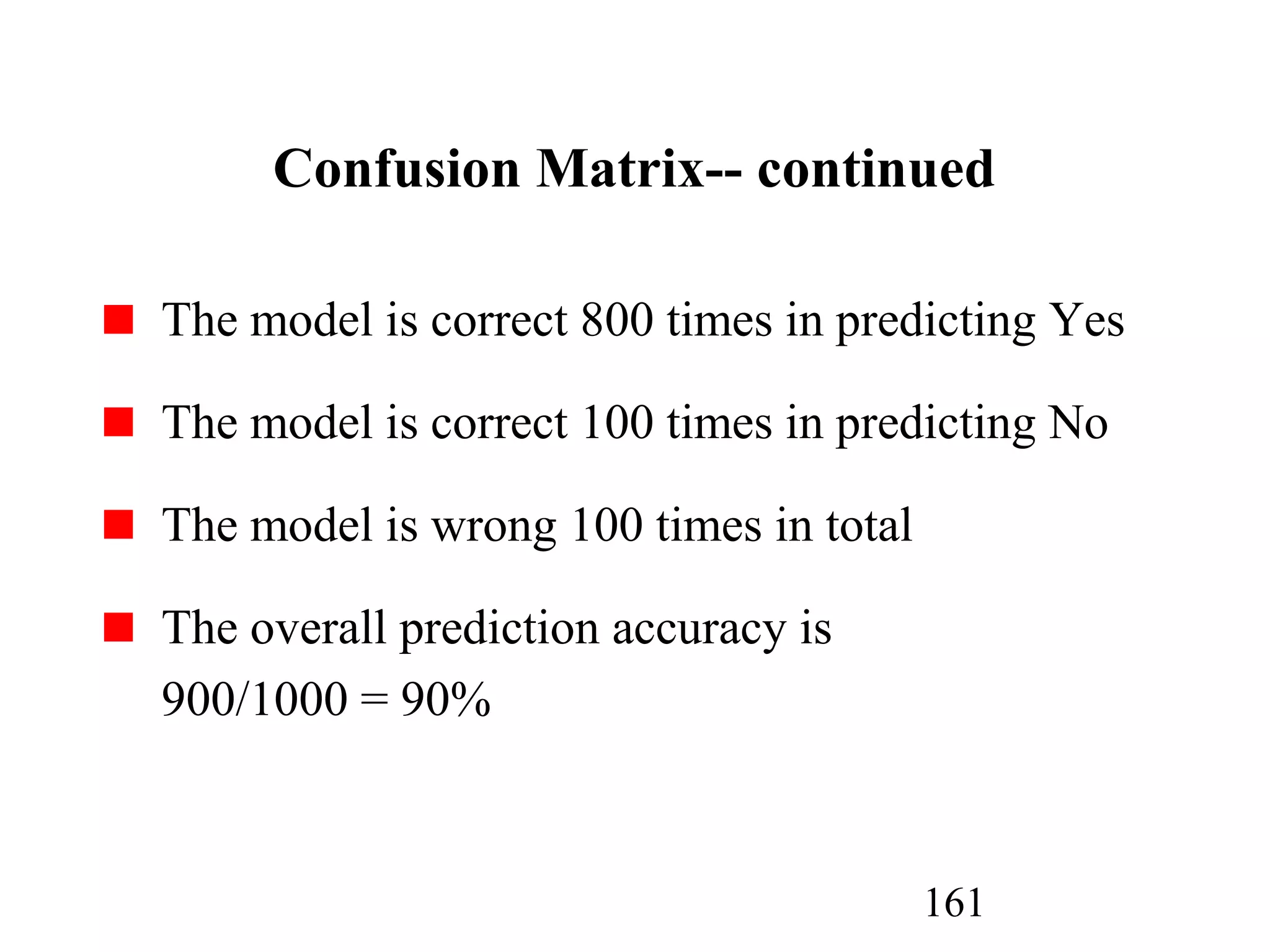161
Confusion Matrix-- continued
The model is correct 800 times in predicting Yes
The model is correct 100 times in predicting No
The model is wrong 100 times in total
The overall prediction accuracy is
900/1000 = 90%
 
