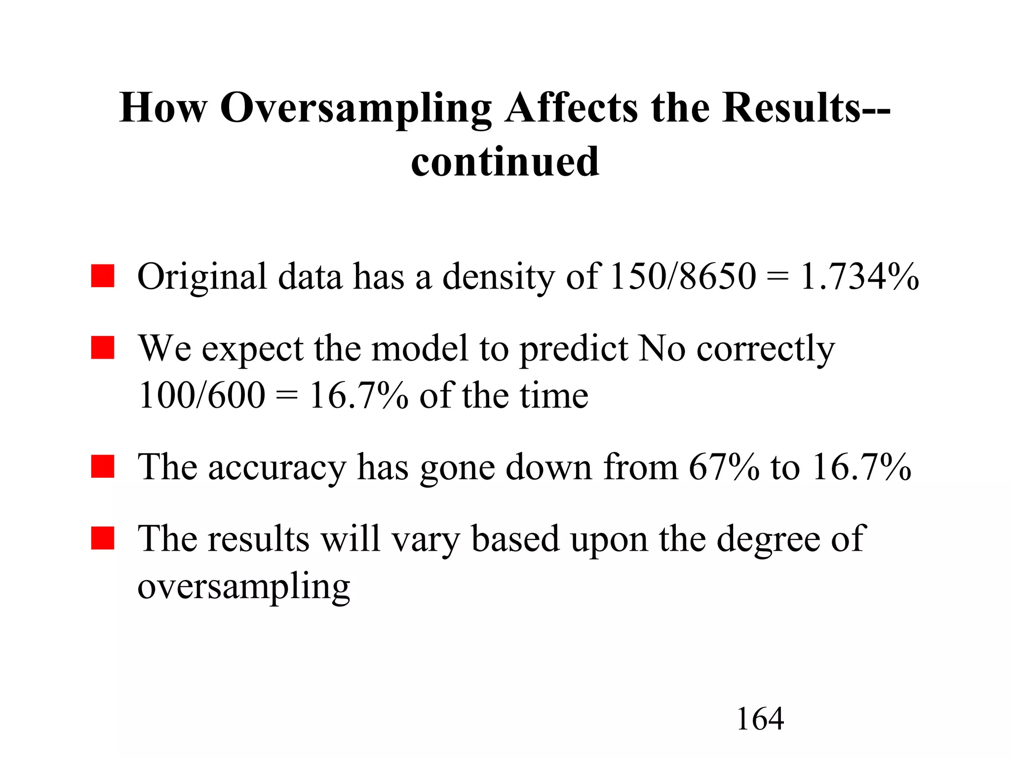 164
How Oversampling Affects the Results--
continued
Original data has a density of 150/8650 = 1.734%
We expect the model to predict No correctly
100/600 = 16.7% of the time
The accuracy has gone down from 67% to 16.7%
The results will vary based upon the degree of
oversampling
 