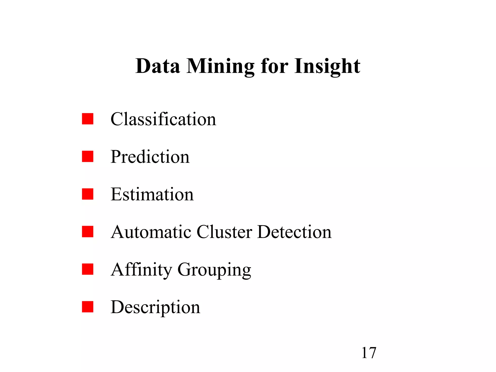 17
Data Mining for Insight
Classification
Prediction
Estimation
Automatic Cluster Detection
Affinity Grouping
Description
 