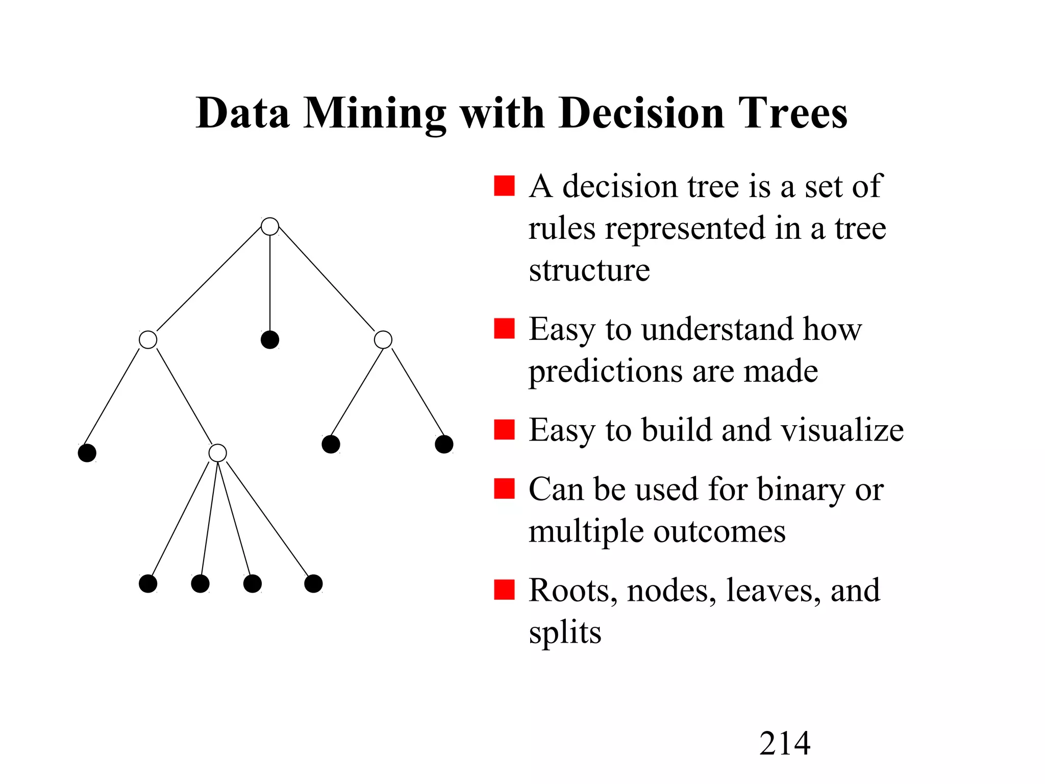 214
Data Mining with Decision Trees
A decision tree is a set of
rules represented in a tree
structure
Easy to understand how
predictions are made
Easy to build and visualize
Can be used for binary or
multiple outcomes
Roots, nodes, leaves, and
splits
 