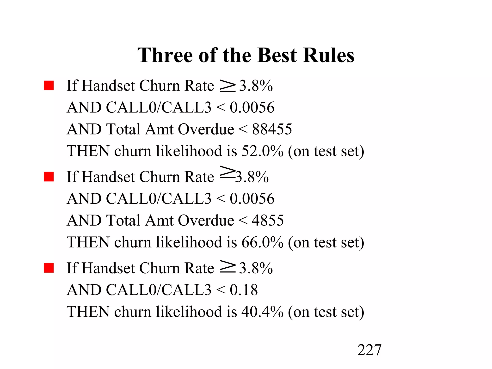 227
Three of the Best Rules
If Handset Churn Rate 3.8%
AND CALL0/CALL3 < 0.0056
AND Total Amt Overdue < 88455
THEN churn likelihood is 52.0% (on test set)
If Handset Churn Rate 3.8%
AND CALL0/CALL3 < 0.0056
AND Total Amt Overdue < 4855
THEN churn likelihood is 66.0% (on test set)
If Handset Churn Rate 3.8%
AND CALL0/CALL3 < 0.18
THEN churn likelihood is 40.4% (on test set)
≥
≥
≥
 
