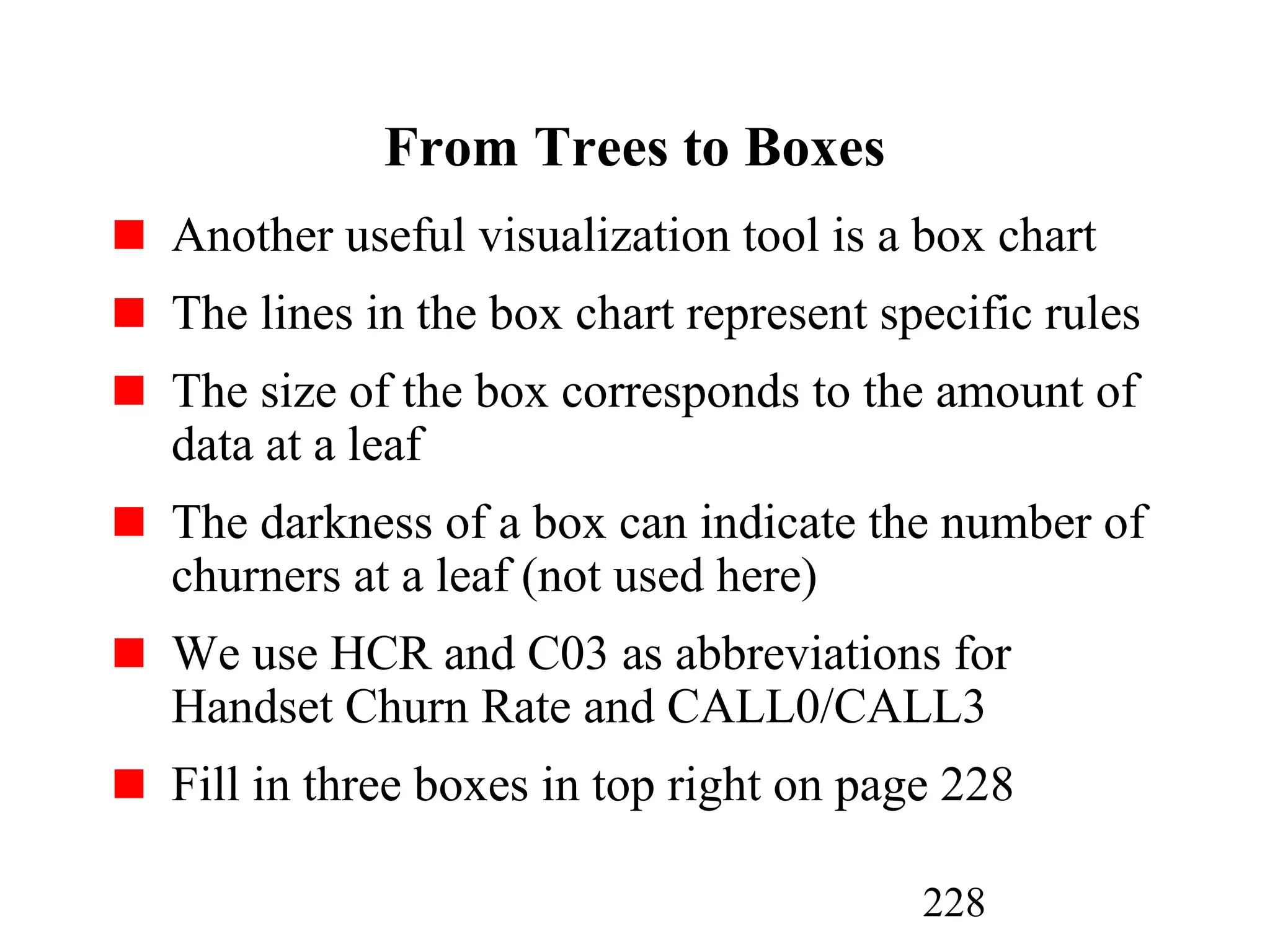 228
From Trees to Boxes
Another useful visualization tool is a box chart
The lines in the box chart represent specific rules
The size of the box corresponds to the amount of
data at a leaf
The darkness of a box can indicate the number of
churners at a leaf (not used here)
We use HCR and C03 as abbreviations for
Handset Churn Rate and CALL0/CALL3
Fill in three boxes in top right on page 228
 