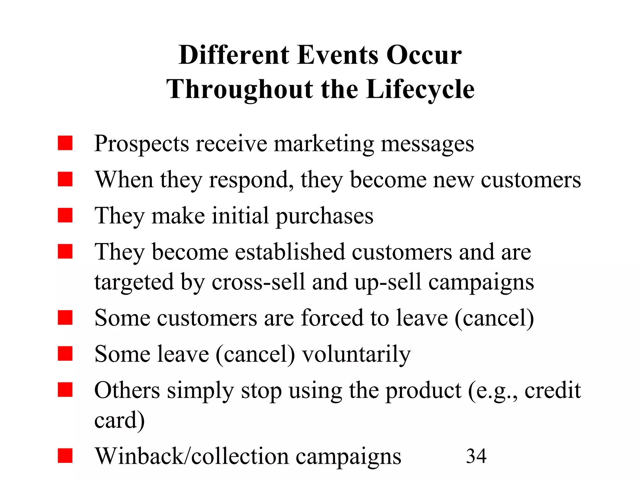34
Different Events Occur
Throughout the Lifecycle
Prospects receive marketing messages
When they respond, they become new customers
They make initial purchases
They become established customers and are
targeted by cross-sell and up-sell campaigns
Some customers are forced to leave (cancel)
Some leave (cancel) voluntarily
Others simply stop using the product (e.g., credit
card)
Winback/collection campaigns
 
