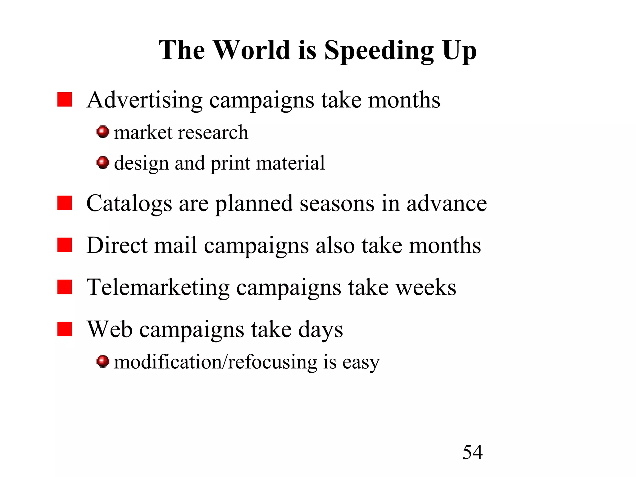 54
The World is Speeding Up
Advertising campaigns take months
market research
design and print material
Catalogs are planned seasons in advance
Direct mail campaigns also take months
Telemarketing campaigns take weeks
Web campaigns take days
modification/refocusing is easy
 