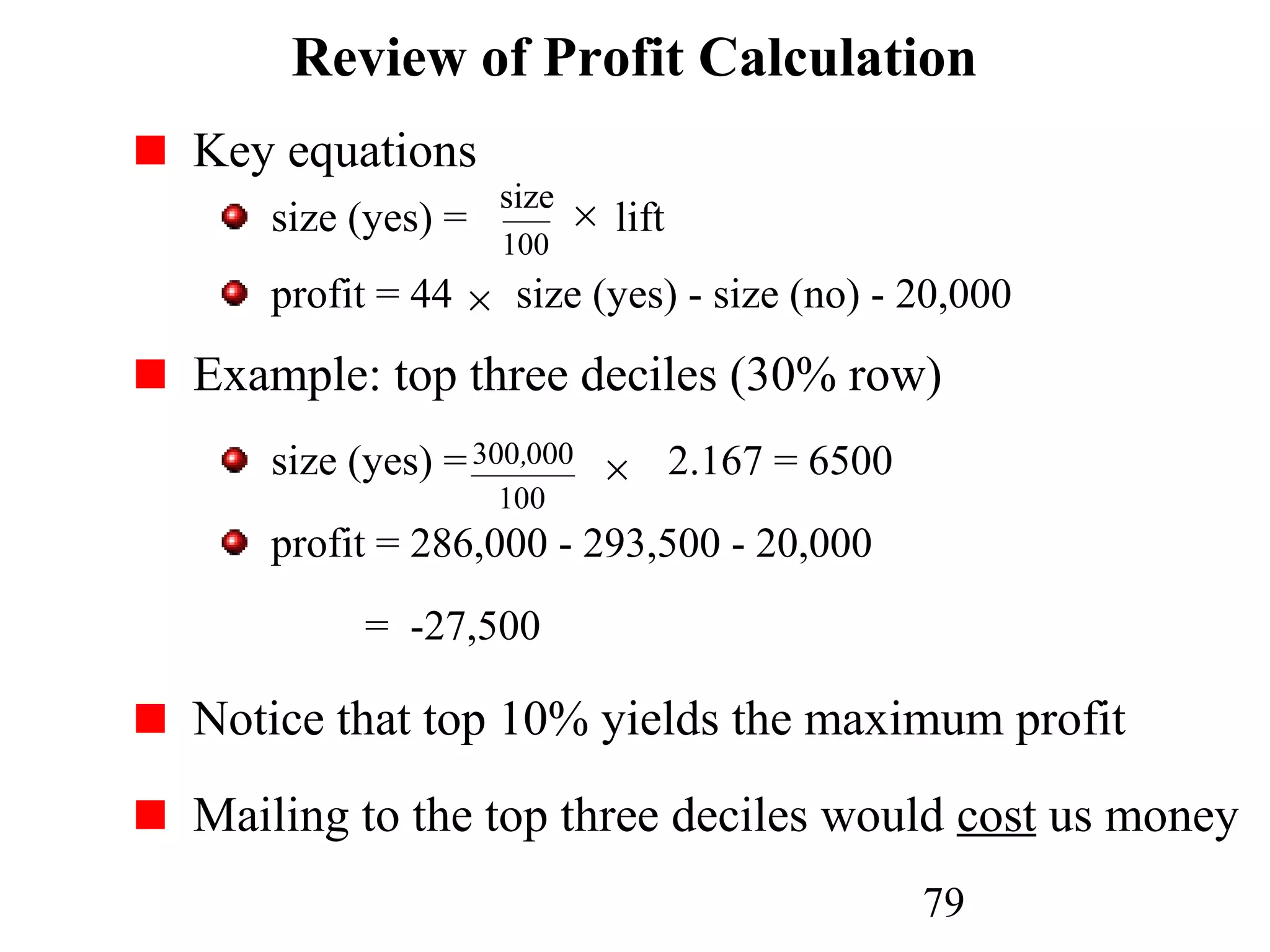 79
Key equations
size (yes) = lift
profit = 44 size (yes) - size (no) - 20,000
Example: top three deciles (30% row)
size (yes) = 2.167 = 6500
profit = 286,000 - 293,500 - 20,000
= -27,500
Notice that top 10% yields the maximum profit
Mailing to the top three deciles would cost us money
Review of Profit Calculation
×
×
100
000300,
×
100
size
 