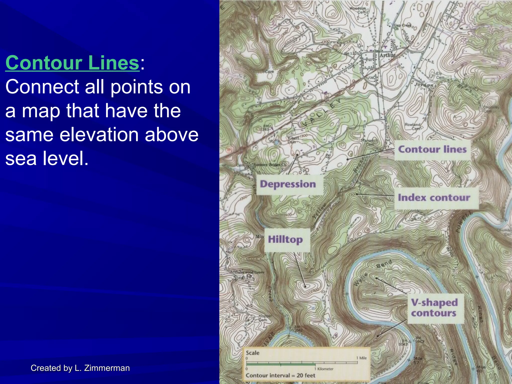 Created by L. ZimmermanCreated by L. Zimmerman
Contour Lines:
Connect all points on
a map that have the
same elevation above
sea level.
 