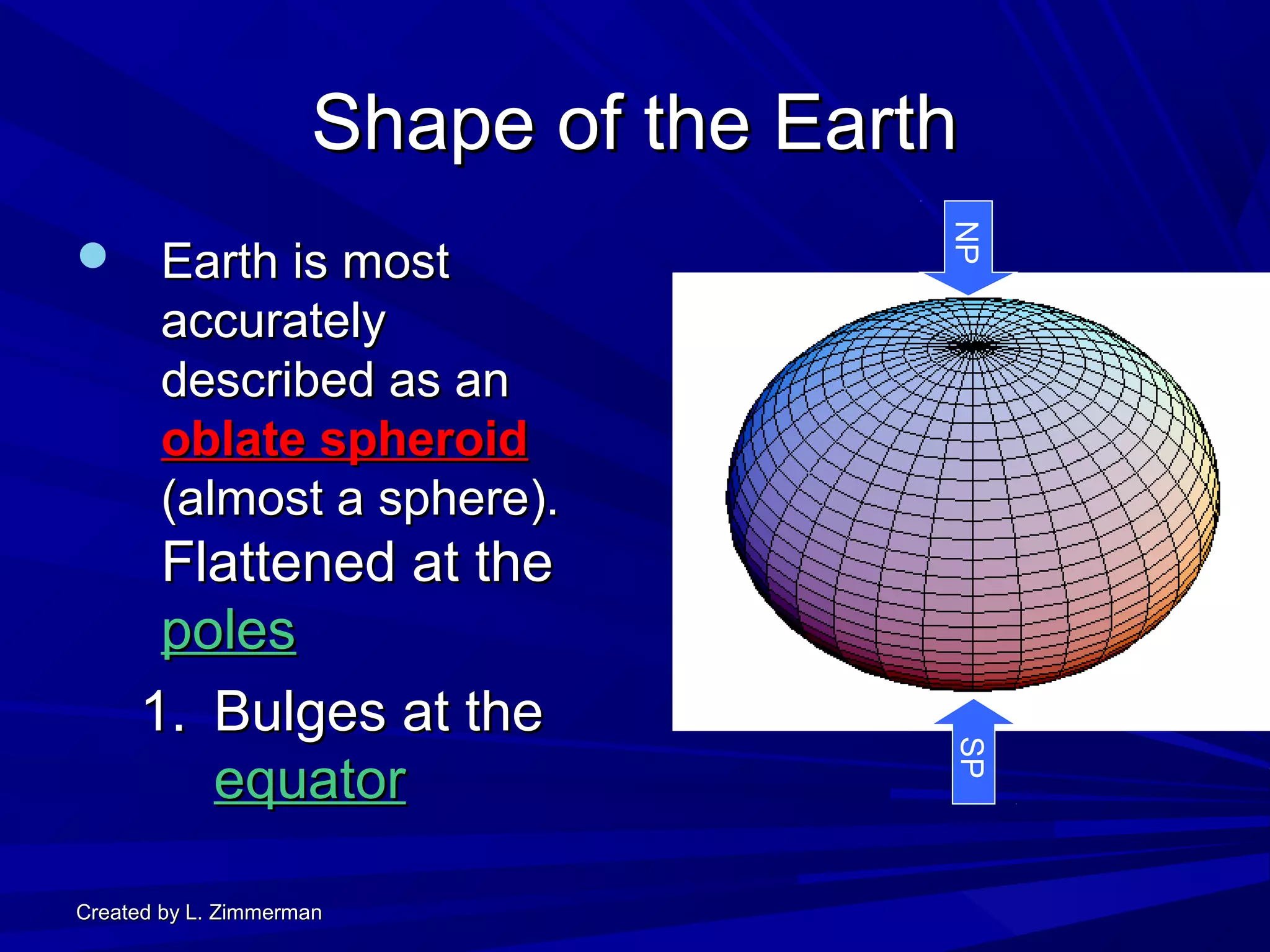 Created by L. ZimmermanCreated by L. Zimmerman
Shape of the EarthShape of the Earth
 Earth is mostEarth is most
accuratelyaccurately
described as andescribed as an
oblate spheroidoblate spheroid
(almost a sphere).(almost a sphere).
Flattened at theFlattened at the
polespoles
1.1. Bulges at theBulges at the
equatorequator
NPSP
 