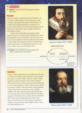 II ldentify Underline text that summarizes Kepler's
three [aws.
t{ep[er
|ohannes Kepler (yoh.HAH.nuhs KEP.luhr) was
a German mathematician and astronomer. After
carefully an alyztng observations of the planets, he
reahrzed that requirirg planetary motions to be
exactly circular did not fit the observations perfectly.
Kepler then tried other types of paths and found
that ellipses fit best.
Kepler formulated three principles, which
today areknown as Kepler's laws. The first law states
that planetary orbits are ellipses with the sun at one
focus. The second law states that planets move faster
in their orbits when closer to the sult. The third law
relates the distance of a planet from the sun to the
time it takes to go once around its orbit.
12 Analyze How did Kepler's first law support the
idea of a hetiocentric sotar system?
perihelion
Gatfiteo
Galileo Galilei (gahl.uh.LAY.oh gahl.uh.LAY) was
a scientist who approached questions in the fashion
that today we call scientific methods. Galileo made
significant improvements to the newly invented
telescope. He then used his more powerful telescope
to view celestial objects. Galileo observed the moons
Io, Europa, Callisto, and Ganymede orbiting lupiter.
Today, these moons are known as the Galilean
satellites. His observations showed that Earth was ,.
not the only object that could be orbited. This gave
support to the heliocentric model. He also observed
that Venus went through phases similar to the
phases of Earths moon. These phases result from
changes in the direction that sunlight strikes Venus
as Venus orbits the sull.
*.""*, i...::
i:,ii :.fi1fl5::i:
fir$ligfii15lf.t$ $tfiiffil:.Irlr
Johanner Keple r (tnl*Yr5}
Kepler's First Law
For clarity, the
ellipse has been
exaggerated.
i:1:t.fi!:/.7,::lr-ii
:l::i:ii:.i+r!a:i
,;.t.l:;i.i '6.:'-.1'
lirl.l::j:ir,vii::t
itiiiitii,id;rir,
,lri;idiitl)ri:::
r::...':.,{-',
_.:_'_.2,
:.lirlii@:',',
, ]P
::::, i:r, :::: Ui :'
.:::::: 'l :ilO)'
: ',,:tlt)
,(U
>.P
q)
(,
q)
(J
'o
!
(J
tJ1
i'-
(u
-g
o
rO
br)
oP
o
-g
L
o)
C
c
=U
=E
(o
o
E
b/)
-o
tJ1
=E
(l)
(J
o)
br)
Cg
E
a
c
(g
o
E
o(J
b/l
.=
.C
V
_o
=o_
L
=o(J
L
(o
-C
q
=C
o
-c
b/)
=o
-o
Sun lies at Nothing Iies at
one focus the other focus
. /-_,
.,. t ---a. ;''-'jl.iiil.j

-
semimajor axis
tlsaq*t;ttt}fialileo fialilei
 