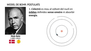 MODEL DE BOHR: POSTULATS
1. L’electró es mou al voltant del nucli en
òrbites definides sense emetre ni absorbir
energia.
 