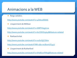 Animacions a laWEB
 Raigs catòdics
http://www.youtube.com/watch?v=4QAzu6fe8rE
 L’experiment de Millikan
http://www.youtube.com/watch?v=XMfYHag7Liw
http://www.youtube.com/watch?v=62CDDZo9t48&feature=related
 Radioactivitat
http://www.youtube.com/watch?v=vuGvQjCOdr0
http://www.youtube.com/watch?NR=1&v=ec8iomUS34U
 L’experiment de Rutherford
http://www.youtube.com/watch?v=kHaR2rsFNhg&feature=related
 