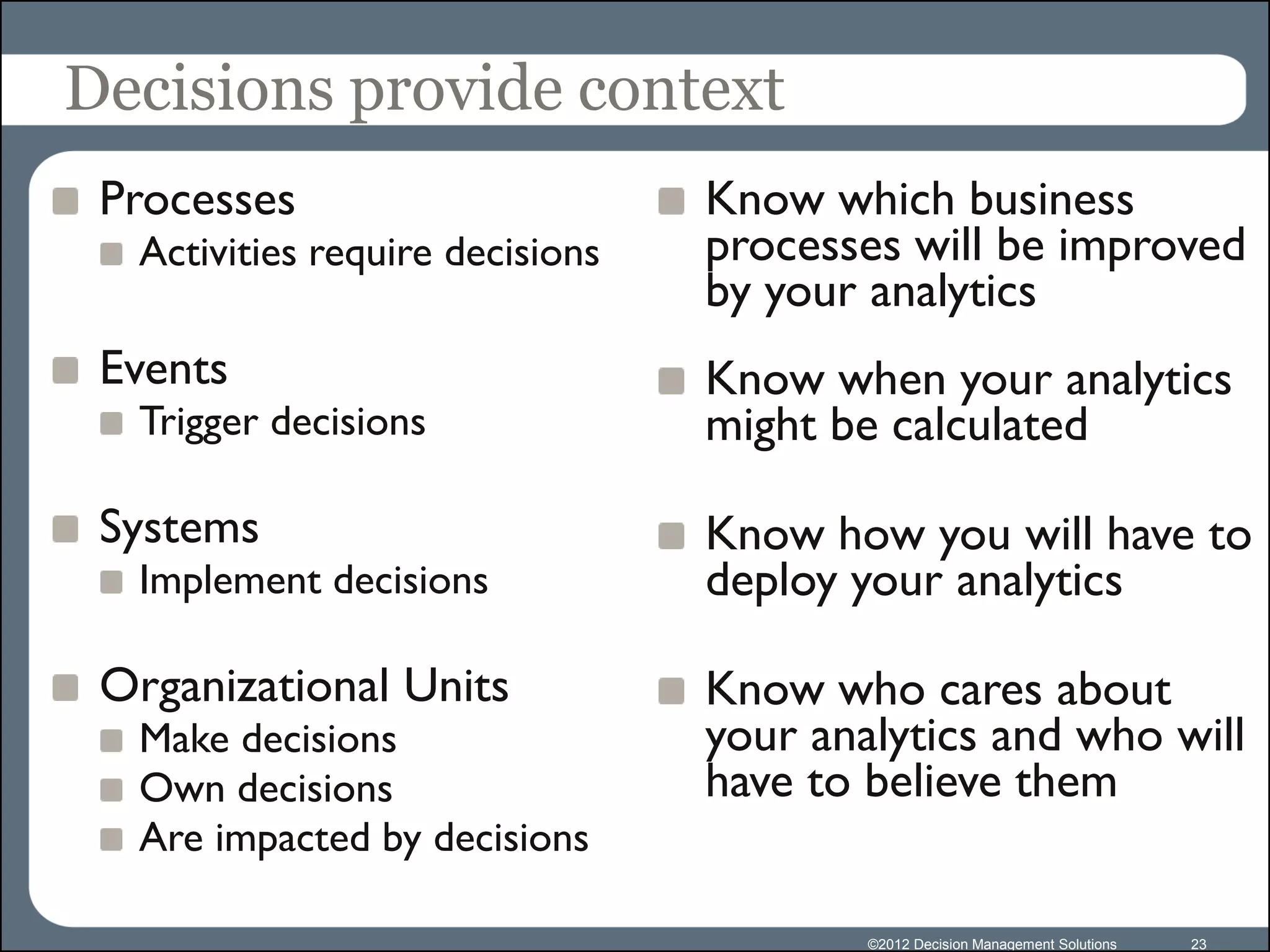 Decisions provide context
 Processes                       Know which business
  Activities require decisions   processes will be improved
                                 by your analytics
 Events                          Know when your analytics
  Trigger decisions              might be calculated

 Systems                         Know how you will have to
  Implement decisions            deploy your analytics

 Organizational Units            Know who cares about
  Make decisions                 your analytics and who will
  Own decisions                  have to believe them
  Are impacted by decisions

                                         ©2012 Decision Management Solutions   23
 