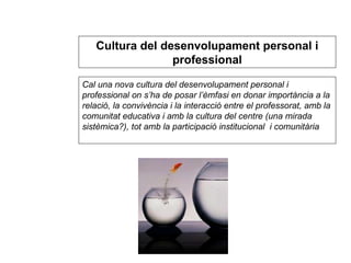 Cal una nova cultura del desenvolupament personal i professional on s’ha de posar l’èmfasi en donar importància a la relació, la convivència i la interacció entre el professorat, amb la comunitat educativa i amb la cultura del centre (una mirada sistèmica?), tot amb la participació institucional  i comunitària Cultura del desenvolupament personal i professional 