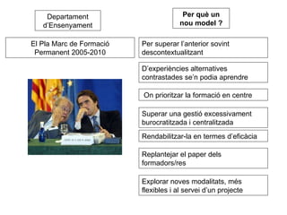 Departament d’Ensenyament El Pla Marc de Formació Permanent 2005-2010 Per superar l’anterior sovint descontextualitzant D’experiències alternatives  contrastades se’n podia aprendre On prioritzar la formació en centre Superar una gestió excessivament burocratitzada i centralitzada Rendabilitzar-la en termes d’eficàcia Replantejar el paper dels formadors/res Explorar noves modalitats, més flexibles i al servei d’un projecte Per què un nou model ? 