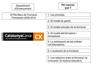Departament d’Ensenyament El Pla Marc de Formació Permanent 2005-2010 1. Les prioritats 2. El model de gestió 3. El model educatiu de la formació 4. El model del formadors i formadores 5. La participació de les entitats col·laboradores 6. L’avaluació de la formació 7. Les relacions entre la formació i la innovació i la recerca educativa Per canviar què ? 