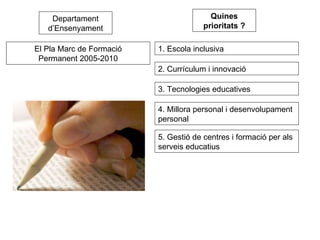Departament d’Ensenyament El Pla Marc de Formació Permanent 2005-2010 1. Escola inclusiva 2. Currículum i innovació 3. Tecnologies educatives 4. Millora personal i desenvolupament personal 5. Gestió de centres i formació per als serveis educatius Quines prioritats ? 