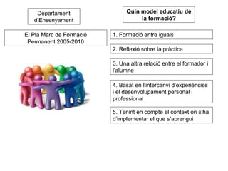 Departament d’Ensenyament El Pla Marc de Formació Permanent 2005-2010 1. Formació entre iguals 2. Reflexió sobre la pràctica 3. Una altra relació entre el formador i l’alumne  Quin model educatiu de la formació? 4. Basat en l’intercanvi d’experiències i el desenvolupament personal i professional 5. Tenint en compte el context on s’ha d’implementar el que s’aprengui 