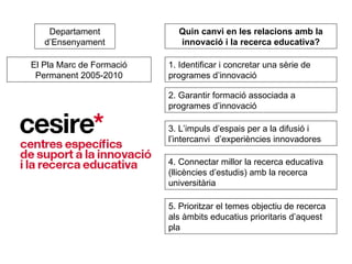 Departament d’Ensenyament El Pla Marc de Formació Permanent 2005-2010 2. Garantir formació associada a programes d’innovació 3. L’impuls d’espais per a la difusió i l’intercanvi  d’experiències innovadores 1. Identificar i concretar una sèrie de programes d’innovació Quin canvi en les relacions amb la innovació i la recerca educativa? 4. Connectar millor la recerca educativa (llicències d’estudis) amb la recerca universitària 5. Prioritzar el temes objectiu de recerca als àmbits educatius prioritaris d’aquest pla  