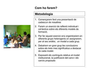 Començarem fent una presentació de cadascun de nosaltres  Farem un exercici de reflexió individual i col·lectiva sobre els diferents models de formació. Per fer aquest exercici ens organitzarem en diferents grups heterogenis on assignarem, per al seu anàlisi,  un model a cada grup. Debatrem en gran grup les conclusions sobre els trets mes significatius a destacar de cada model. Exposaré els continguts relatius al model institucional, la justificació del canvi i els canvis proposats Metodologia Com ho farem? 
