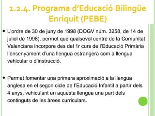 • L’ordre de 30 de juny de 1998 (DOGV núm. 3258, de 14 de
juliol de 1998), permet que qualsevol centre de la Comunitat
Valenciana incorpore des del 1r curs de l’Educació Primària
l’ensenyament d’una llengua estrangera com a llengua
vehicular o d’instrucció.
• Permet fomentar una primera aproximació a la llengua
anglesa en el segon cicle de l’Educació Infantil a partir dels
4 anys, vehiculant en aquesta llengua una part dels
continguts de les àrees curriculars.
 
