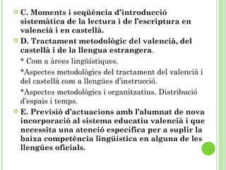  C. Moments i seqüència d’introducció
sistemàtica de la lectura i de l’escriptura en
valencià i en castellà.
 D. Tractament metodològic del valencià, del
castellà i de la llengua estrangera.
* Com a àrees lingüístiques.
*Aspectes metodològics del tractament del valencià i
del castellà com a llengües d’instrucció.
*Aspectes metodològics i organitzatius. Distribució
d’espais i temps.
 E. Previsió d’actuacions amb l’alumnat de nova
incorporació al sistema educatiu valencià i que
necessita una atenció específica per a suplir la
baixa competència lingüística en alguna de les
llengües oficials.
 