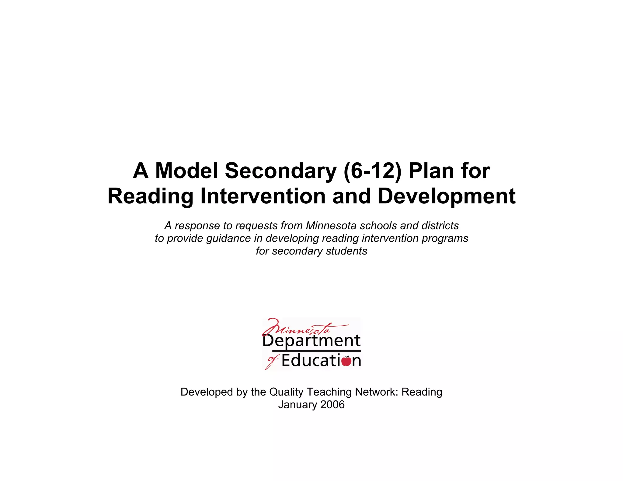 Model secondary plan for reading intervention and development PPT