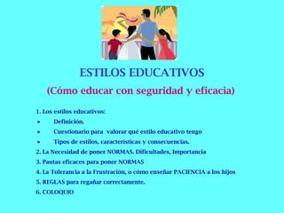 ESTILOS EDUCATIVOS (Cómo educar con seguridad y eficacia)   1. Los estilos educativos:            Definición.           Cuestionario para  valorar qué estilo educativo tengo           Tipos de estilos, características y consecuencias. 2. La Necesidad de poner NORMAS. Dificultades, Importancia 3. Pautas eficaces para poner NORMAS  4. La Tolerancia a la Frustración, o cómo enseñar PACIENCIA a los hijos 5. REGLAS para regañar correctamente. 6. COLOQUIO   