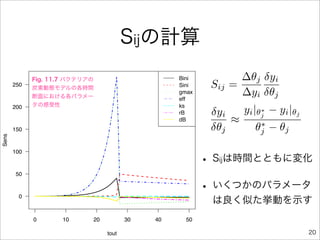 Sijの計算
             Fig. 11.7 バクテリアの                     Bini          ∆θj δyi
       250                                        Sini    Sij =
             炭素動態モデルの各時間
             断面における各パラメー
                                                  gmax
                                                  eff
                                                                ∆yi δθj
             タの感受性                                ks
       200
                                                  rB      δyi   yi |θj − yi |θj
                                                                     ∗
                                                  dB          ≈      ∗
       150                                                δθj       θj − θj
Sens




                                                         • S は時間とともに変化
       100
                                                           ij

       50



         0
                                                         • いくつかのパラメータ
                                                          は良く似た挙動を示す
             0      10      20          30   40     50

                                 tout                                             20
 