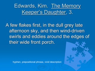Edwards, Kim. The Memory
Keeper’s Daughter, 3.
A few flakes first, in the dull grey late
afternoon sky, and then wind-driv...