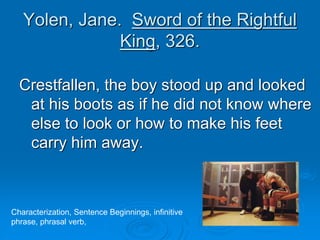 Yolen, Jane. Sword of the Rightful
King, 326.
Crestfallen, the boy stood up and looked
at his boots as if he did not know ...