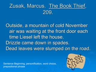 Zusak, Marcus. The Book Thief,
209.
Outside, a mountain of cold November
air was waiting at the front door each
time Liese...