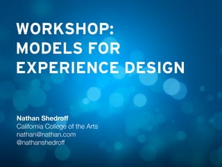 WORKSHOP:
MODELS FOR
EXPERIENCE DESIGN
Nathan Shedroﬀ
California College of the Arts
nathan@nathan.com
@nathanshedroff
 