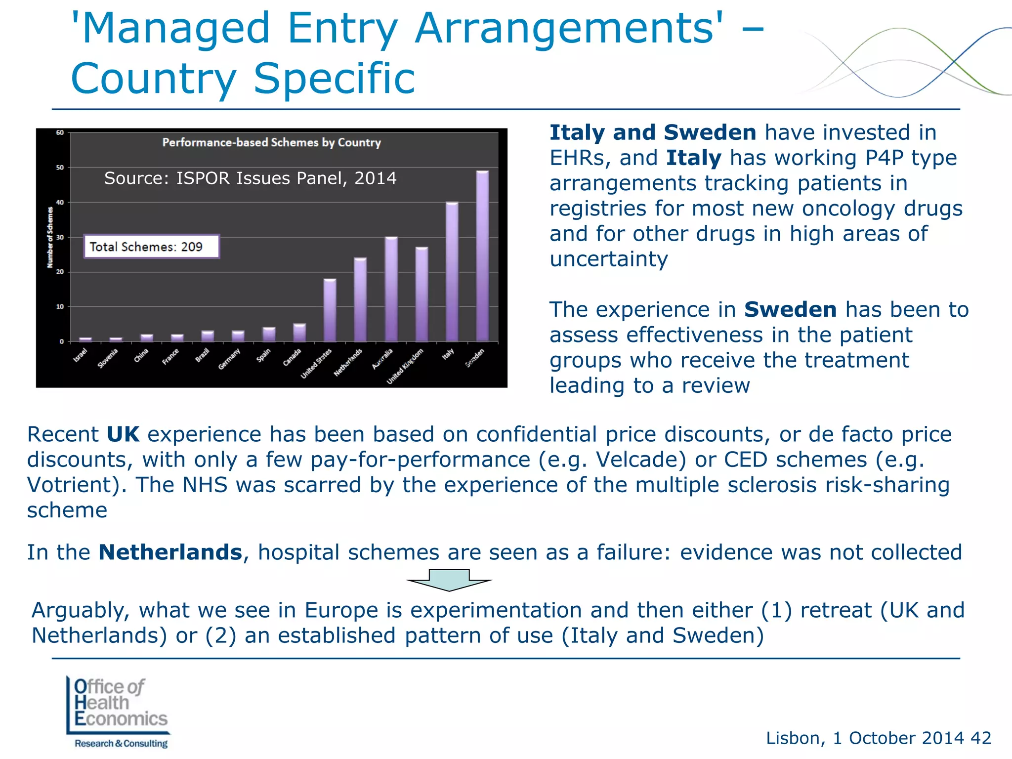 Lisbon, 1 October 2014 42 
'Managed Entry Arrangements' – Country Specific 
Recent UKexperience has been based on confidential price discounts, or de facto price discounts, with only a few pay-for-performance (e.g. Velcade) or CED schemes (e.g. Votrient). The NHS was scarred by the experience of the multiple sclerosis risk-sharing scheme 
In the Netherlands, hospital schemes are seen as a failure: evidence was not collected 
Italy and Sweden have invested in EHRs, and Italyhas working P4P type arrangements tracking patients in registries for most new oncology drugs and for other drugs in high areas of uncertainty 
The experience in Swedenhas been to assess effectiveness in the patient groups who receive the treatment leading to a review 
Arguably, what we see in Europe is experimentation and then either (1) retreat (UK and Netherlands) or (2) an established pattern of use (Italy and Sweden) 
Source: ISPOR Issues Panel, 2014  