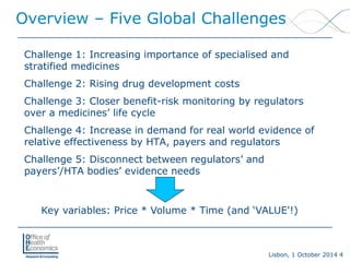 Lisbon, 1 October 2014 4 
Overview –Five Global Challenges 
Challenge 1: Increasing importance of specialised and stratified medicines 
Challenge 2: Rising drug development costs 
Challenge 3: Closer benefit-risk monitoring by regulators over a medicines’ life cycle 
Challenge 4: Increase in demand for real world evidence of relative effectiveness by HTA, payers and regulators 
Challenge 5: Disconnect between regulators’ and payers’/HTA bodies’ evidence needs 
Key variables: Price * Volume * Time (and ‘VALUE'!)  