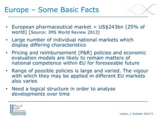 Lisbon, 1 October 2014 5 
Europe –Some Basic Facts 
• 
European pharmaceutical market = US$243bn (25% of world) [Source: IMS World Review 2013] 
• 
Large number of individual national markets which display differing characteristics 
• 
Pricing and reimbursement (P&R) policies and economic evaluation models are likely to remain matters of national competence within EU for foreseeable future 
• 
Range of possible policies is large and varied. The vigour with which they may be applied in different EU markets also varies 
• 
Need a logical structure in order to analyse developments over time  